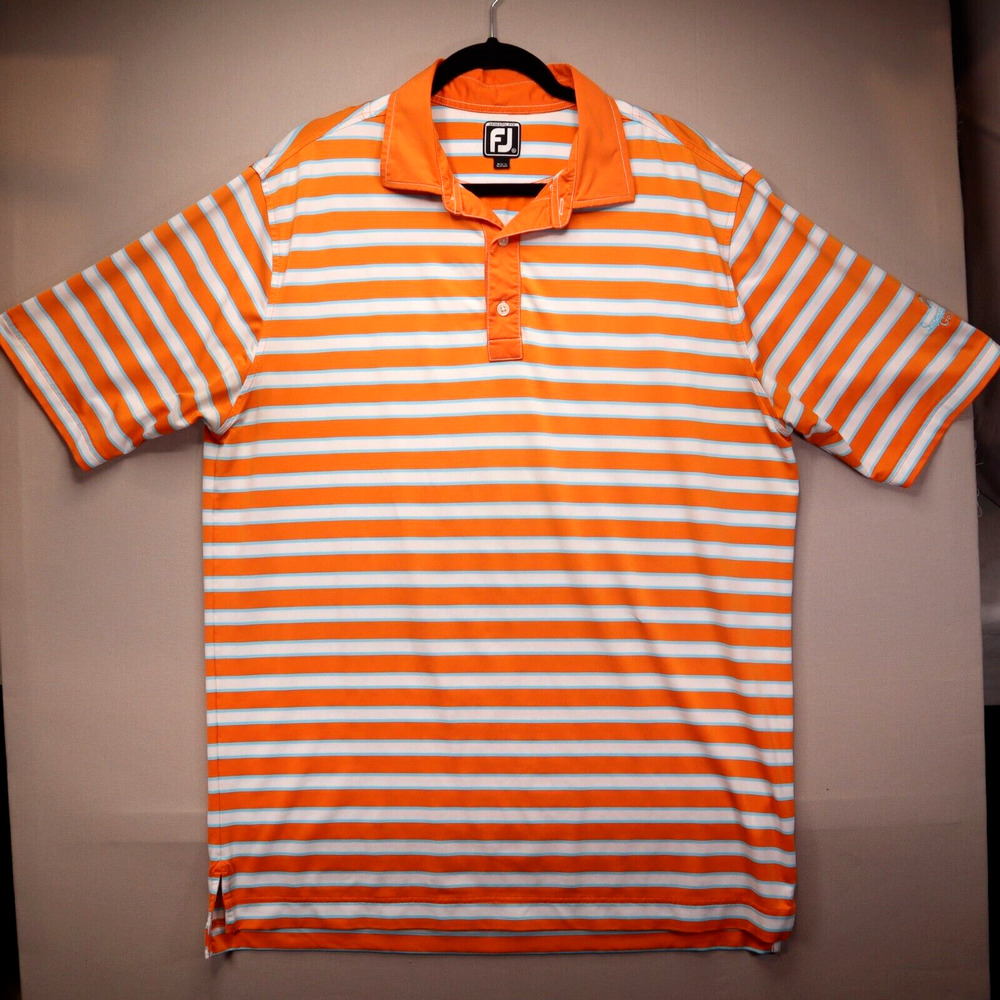 Footjoy Polo Golf Shirt Mens Size XL Short Sleeve Orange White Stripe Stretch